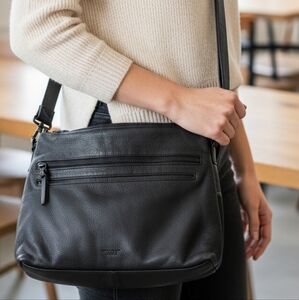 Margot black leather double zipper foldover crossbody purse